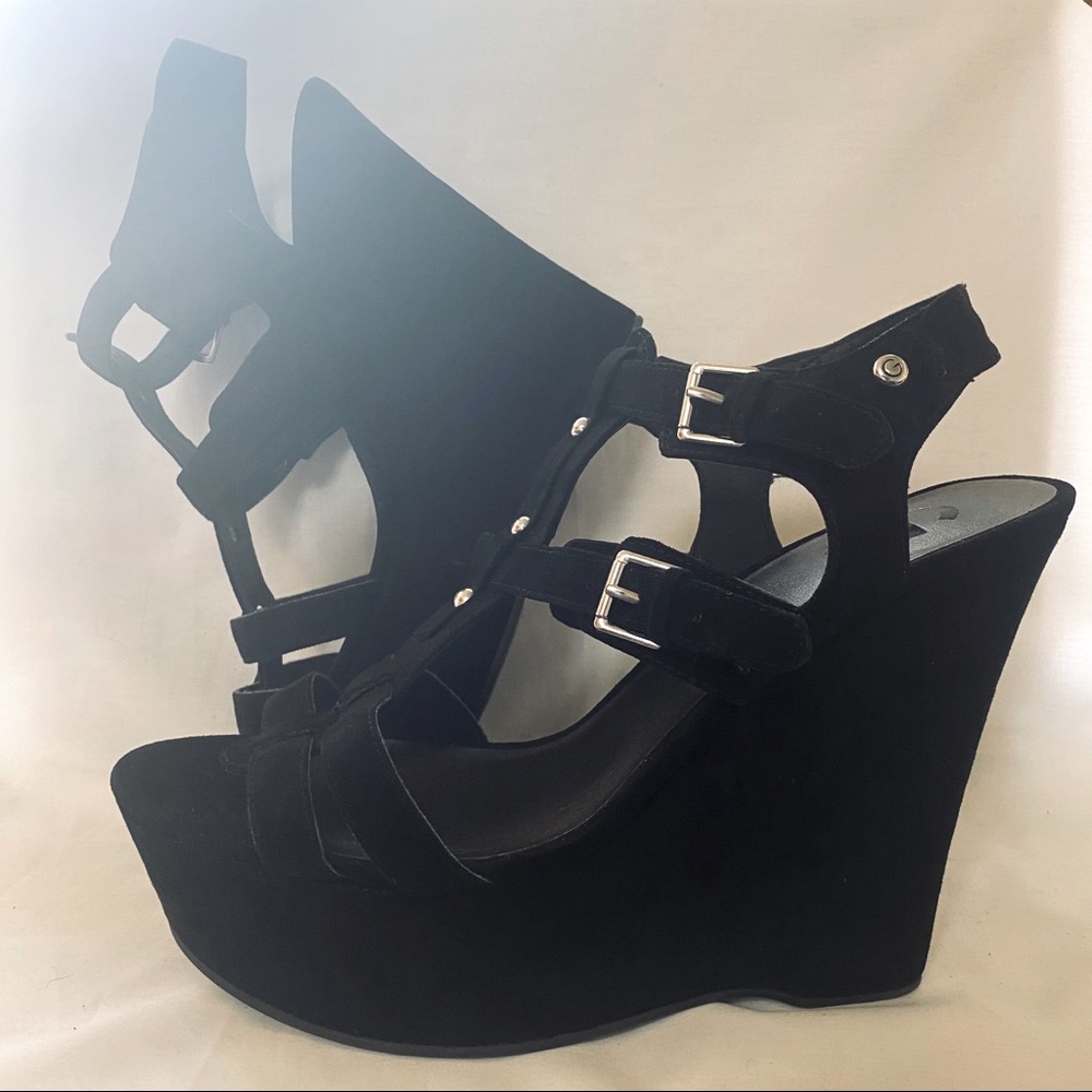 G by Guess Black Suede Wedges with Buckles, 11M